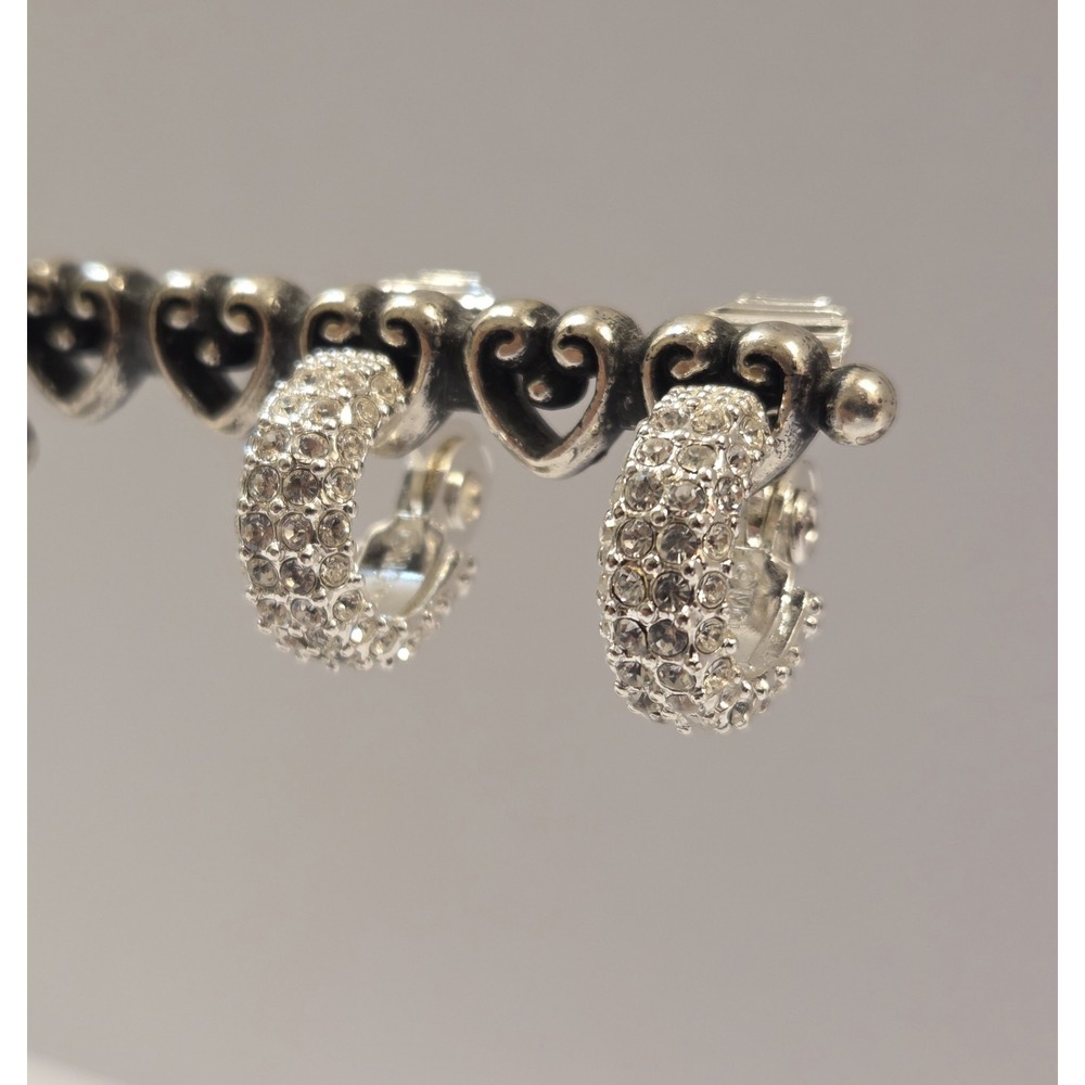 Vintage Pave Monet Huggie‎ Hoop Earrings Silver Tone